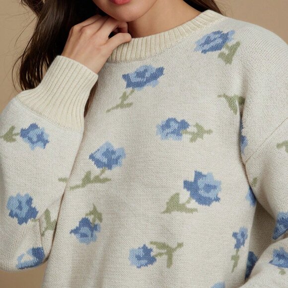 Apricot Chic Women's Floral Jacquard Crew Neck Loose Knit Sweater - Picture 4 of 6